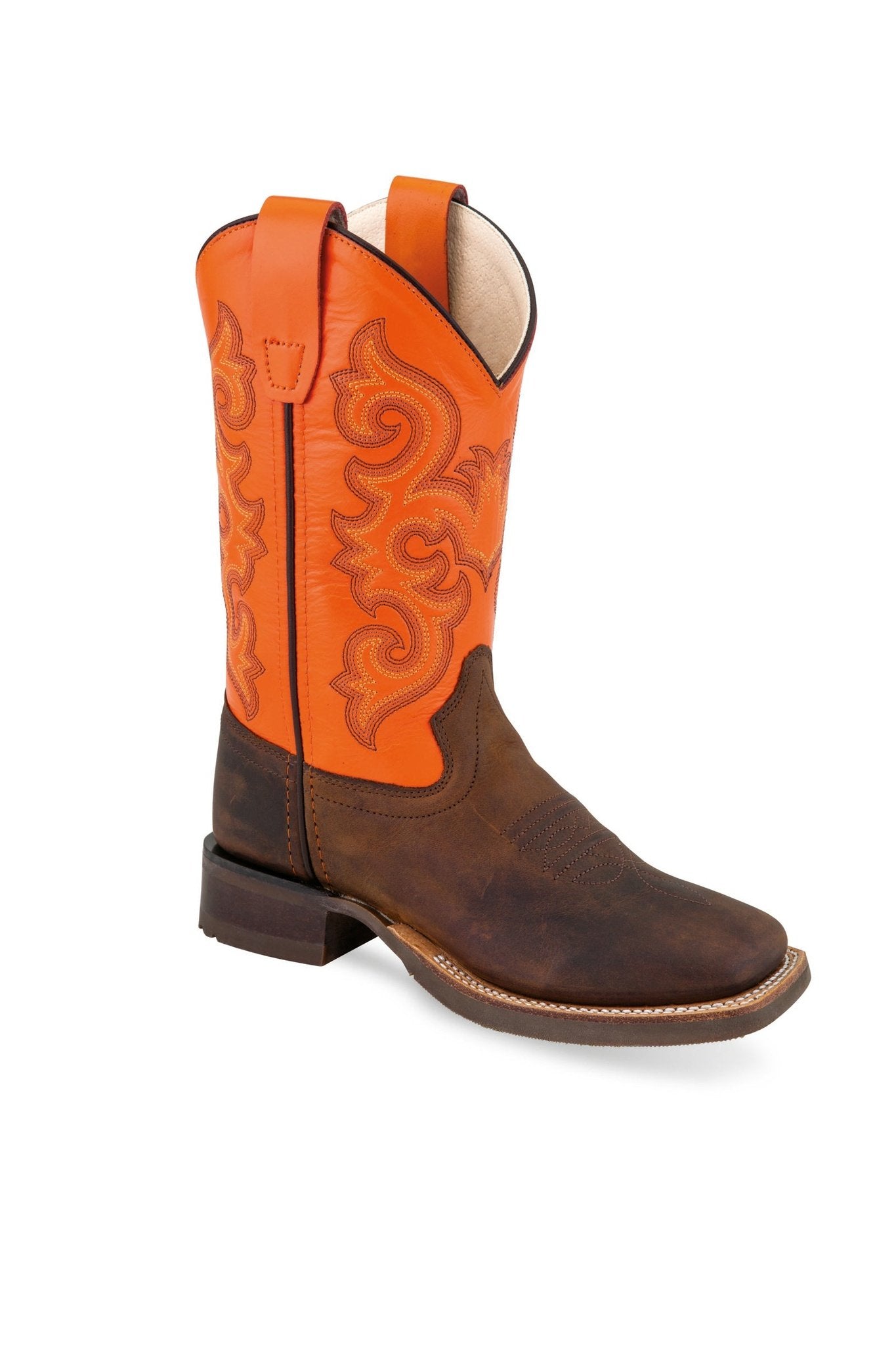 Old West Youth Brown and Neon Orange Broad Square Round Toe Boot