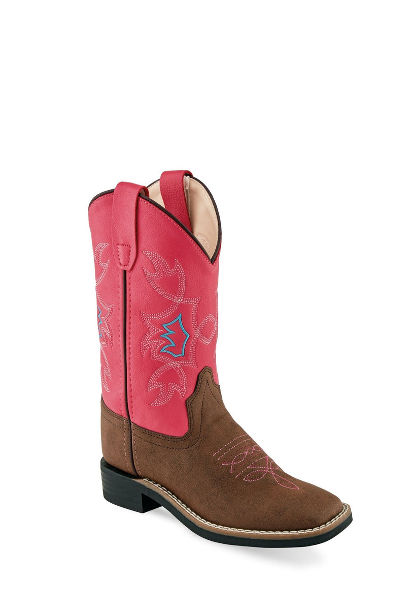 Old West Children's Brown and Pink Leatherette Broad Sqaure Toe Boots-Brown - Pink -2.0-D - Breeches.com